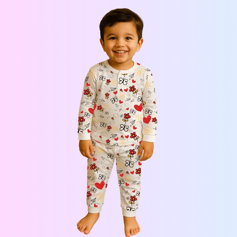 White Pajama Set - Butterfly & Hearts Design