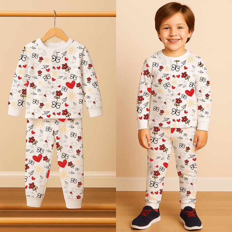White Pajama Set - Butterfly & Hearts Design