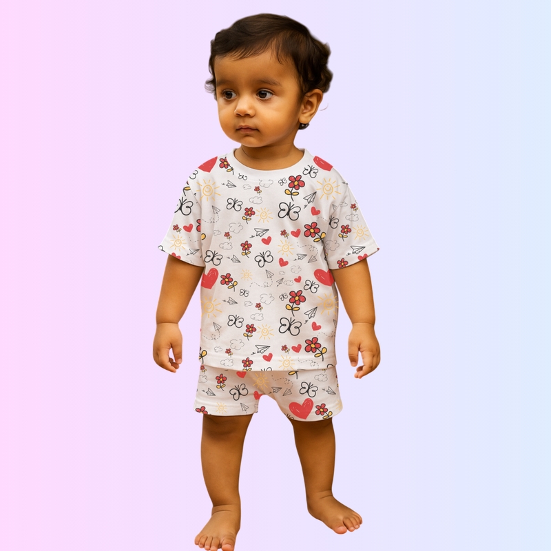 White Co-ord Sets - Butterfly & Hearts Design (Oversized)